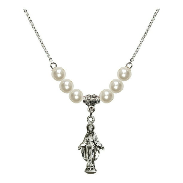 Bonyak Jewelry 18 Inch Rhodium Plated Necklace w/ 6mm Faux-Pearl Beads and Miraculous Charm 